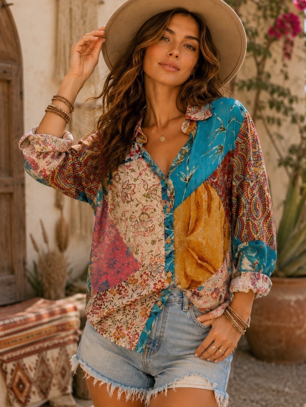Sacred Threads Patchwork Boho Button Up Blouse Artsy Festival Top Size S